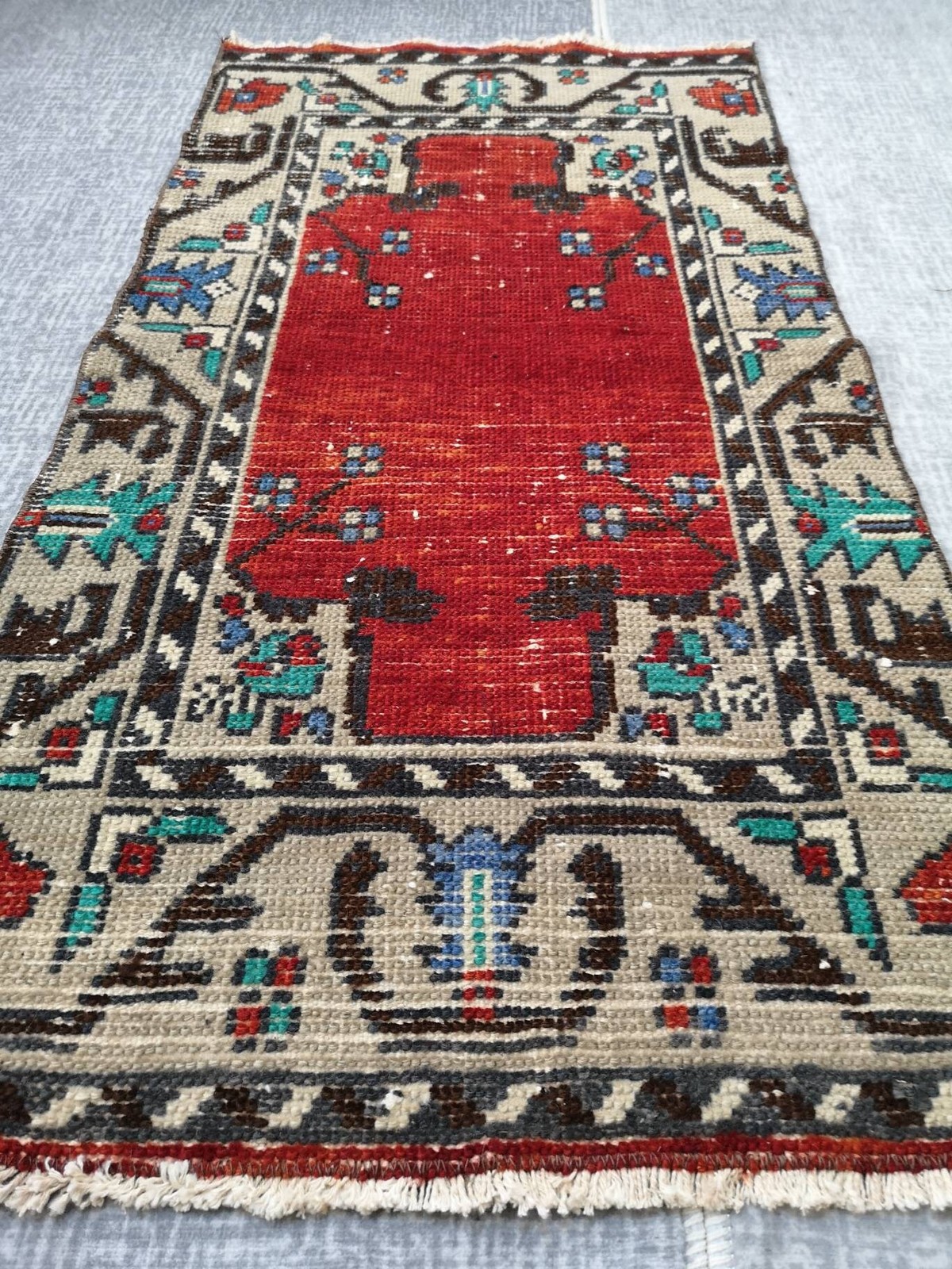 Red Turkish Rug, Small Vintage Decor Rug (1.9 x 3.8 ft)