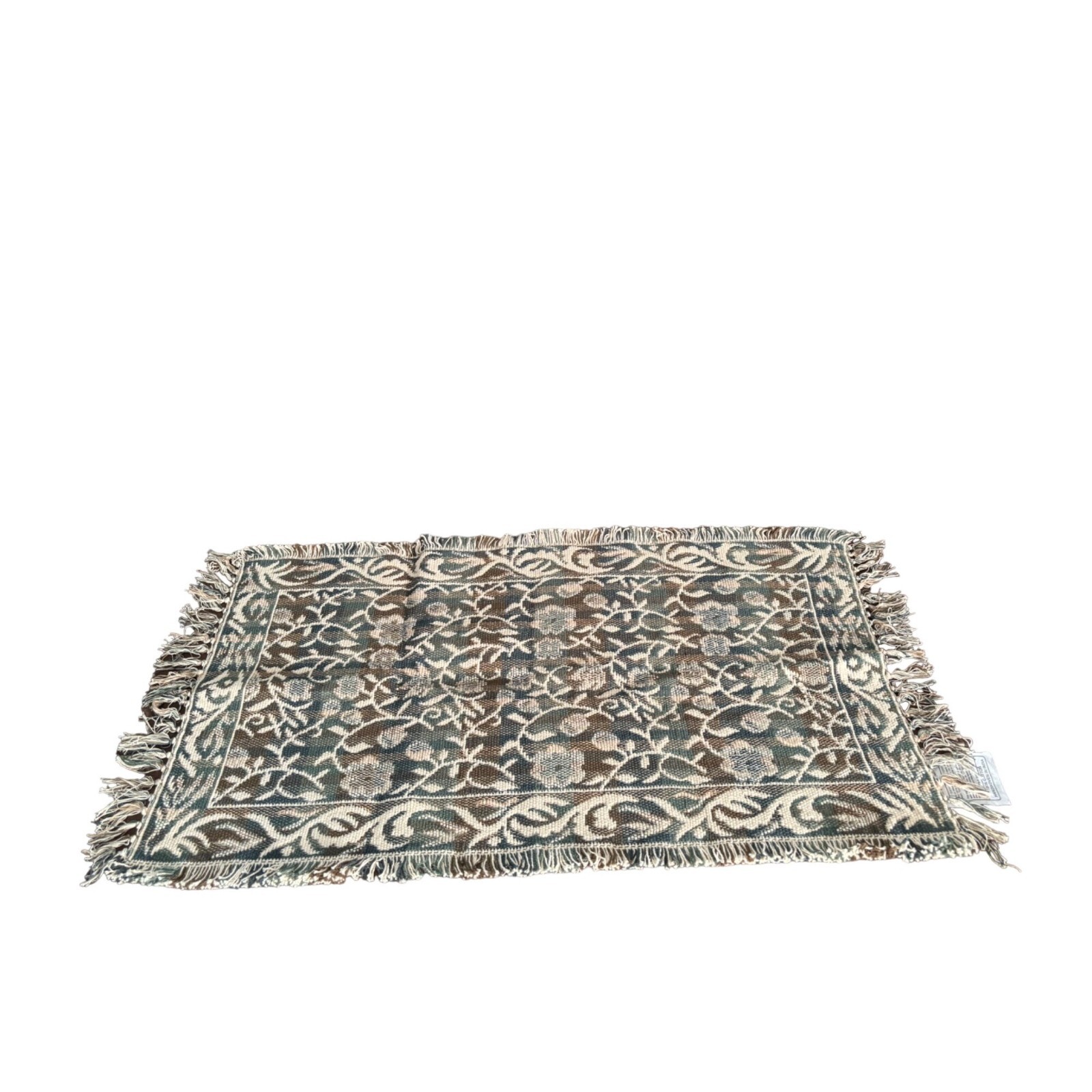 Jacquard Rug 100% Cotton 20×40 including Fringe Cream, Green and Brown New