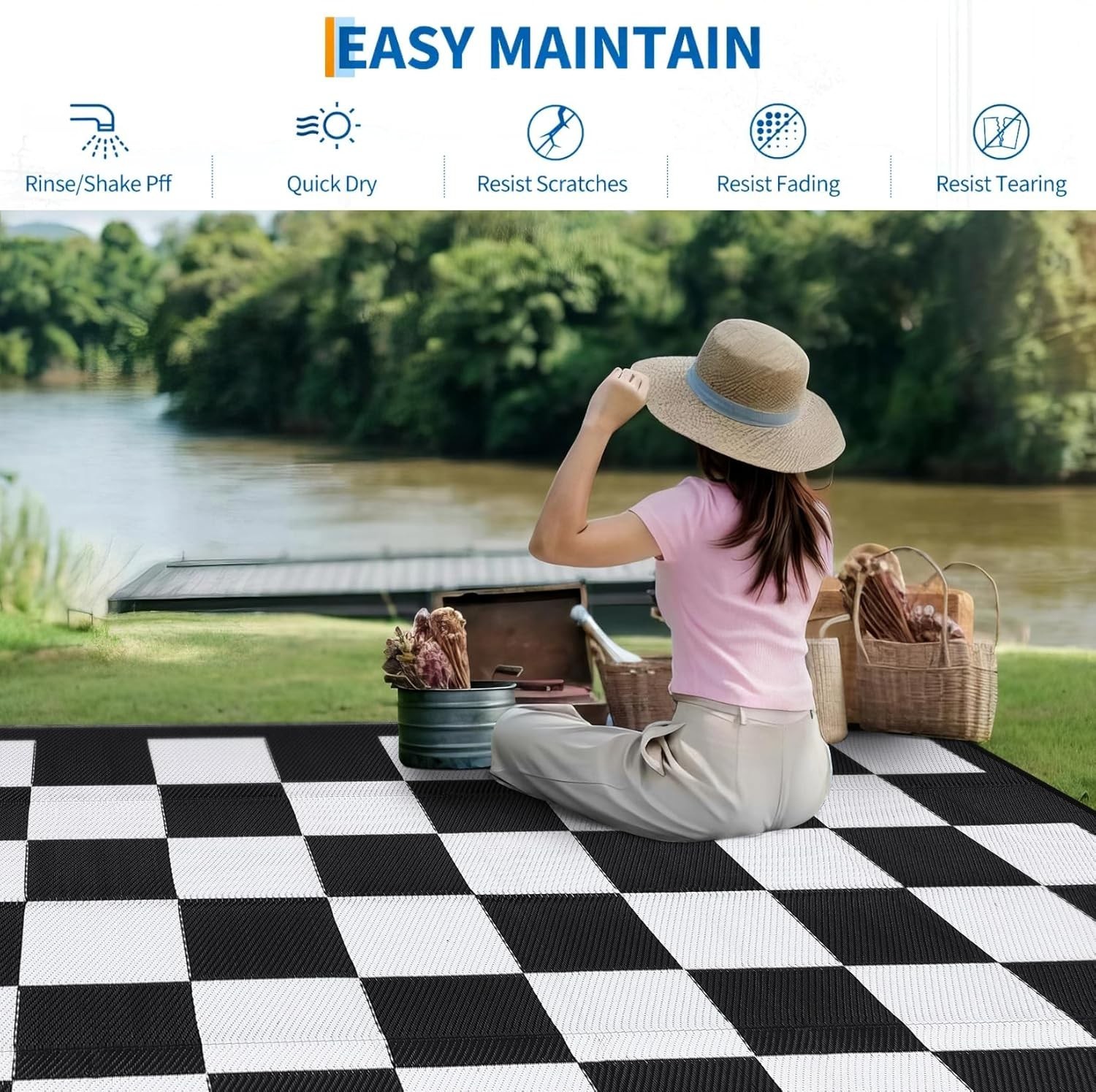 Reversible Outdoor Rug Plastic Straw Mat for Patio, RV, Camping, Picnic, Porch