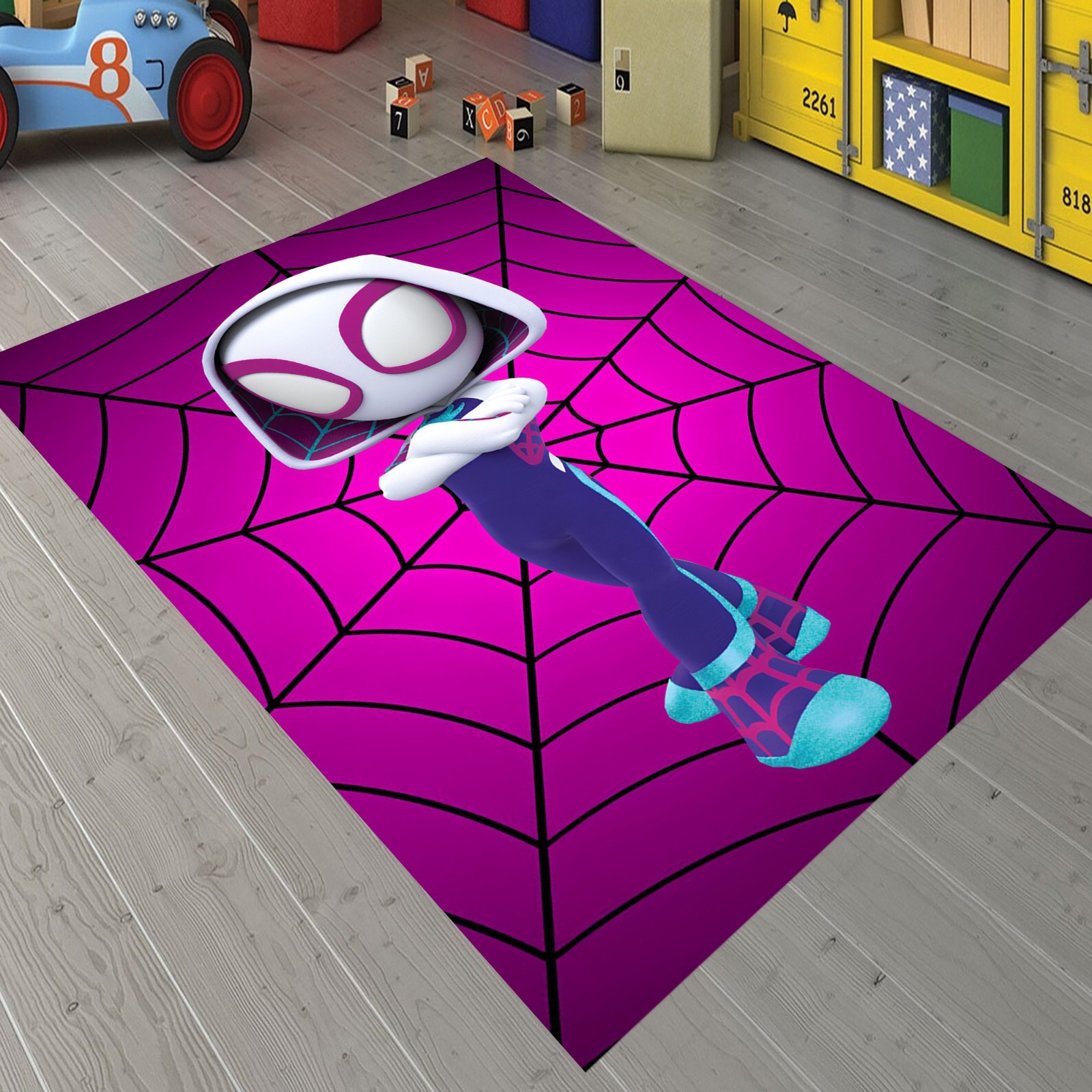 Spider Hero Rug, Pink Web Pattern Carpet, Purple Character Design,Kids Room Rugs