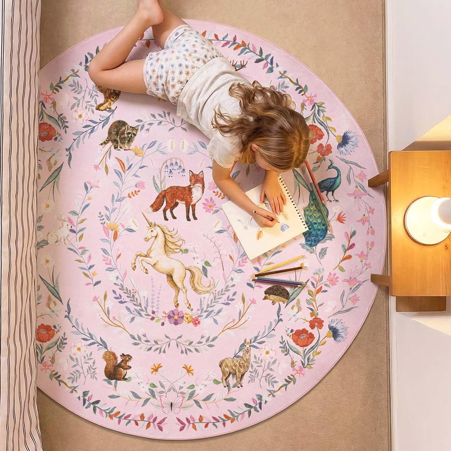 jinchan Moonrise Round Rug 5ft Kids Room Area Rug Washable Unicorn Rug Soft Non-