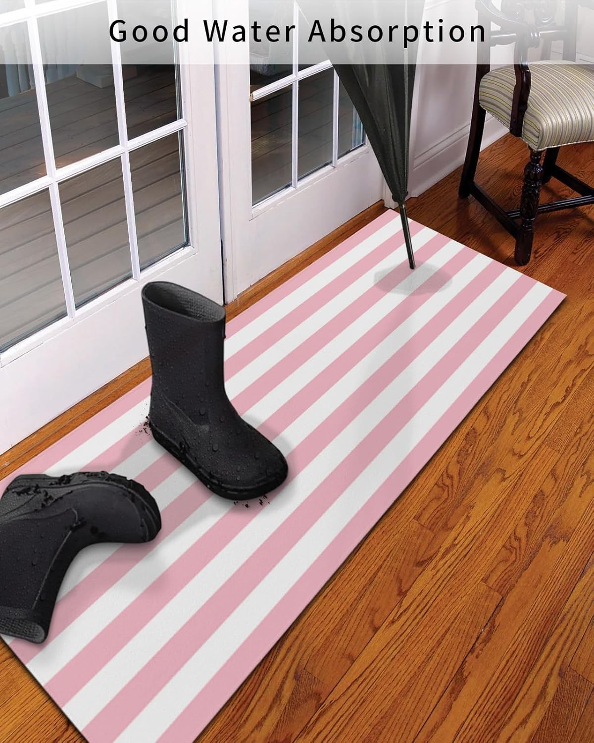 Front Door Mat Pink and White Striped Indoor Outdoor Entrance Doormat Washable