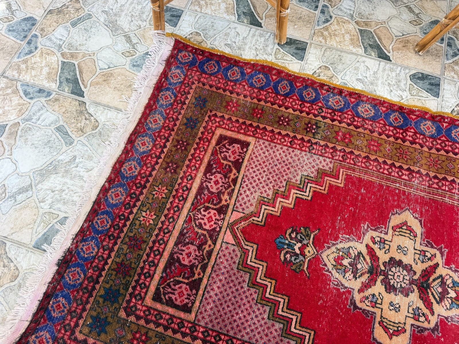 Vintage Oushak Tribal Rug, Handmade Turkish Anatolian Wool Geometric Area 3×5 ft