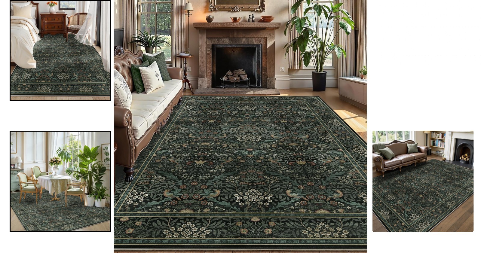 5×7 Dark Green Washable Floral Area Rug,Vintage Boho Soft Low-Pile Living Room