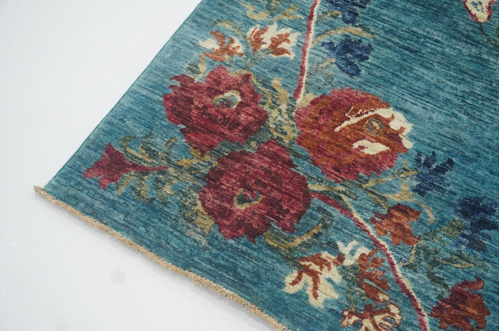 6×8 ft Turquoise Blue Floral Afghan Hand Knotted Wool Area Rug