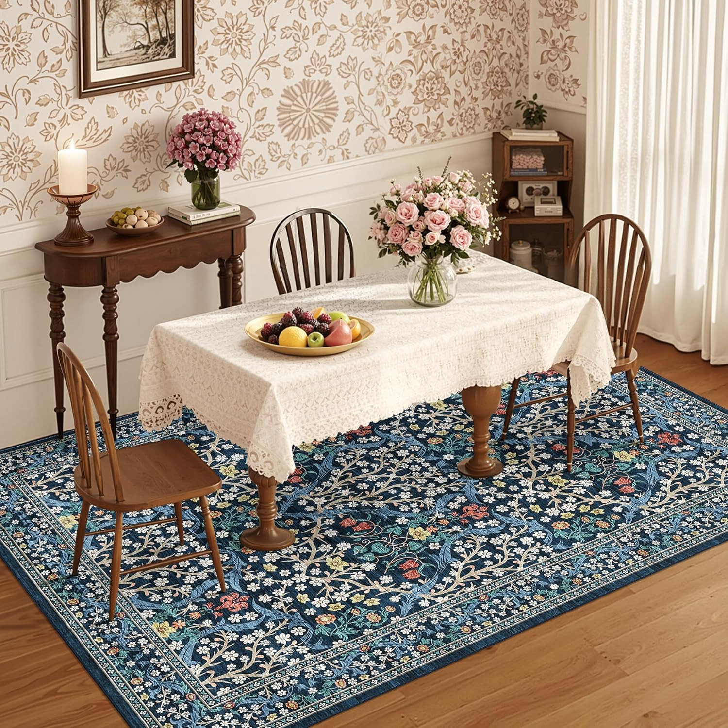 Floral Area Rugs 5X7, Dark Blue Washable Rug for Living Room, Bedroom, Low Pile