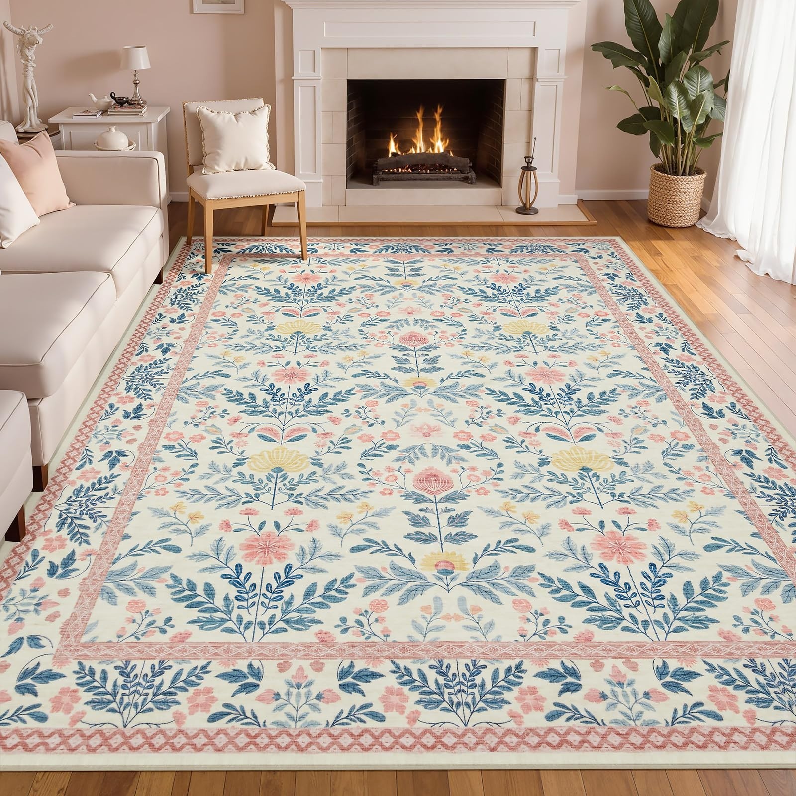 Boho Floral Light Pink 6×9 Area Rug – Machine Washable, Non-Slip Soft Carpet for