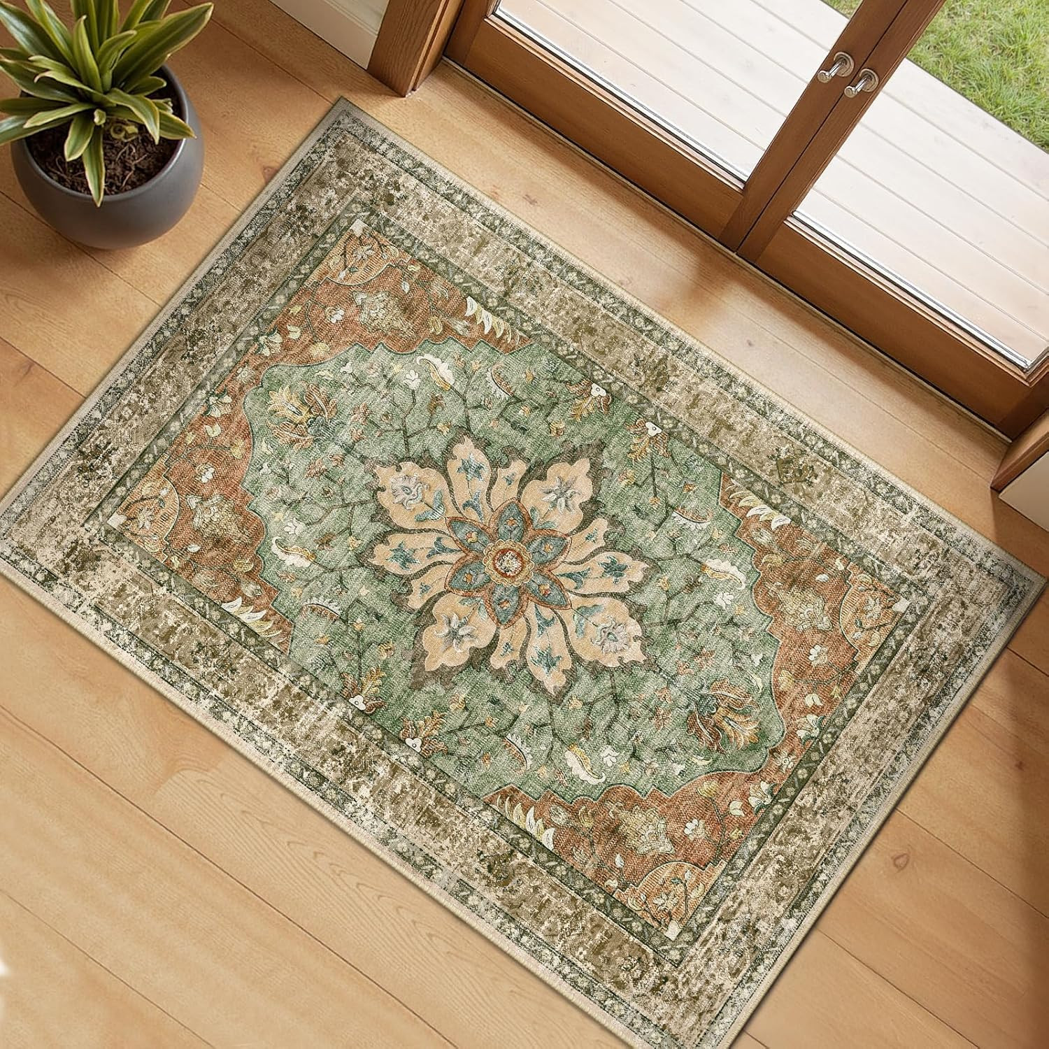 Area Rugs Small 2’X3′ Washable Non-Slip, Floral Vintage Distress Medallion Carpe