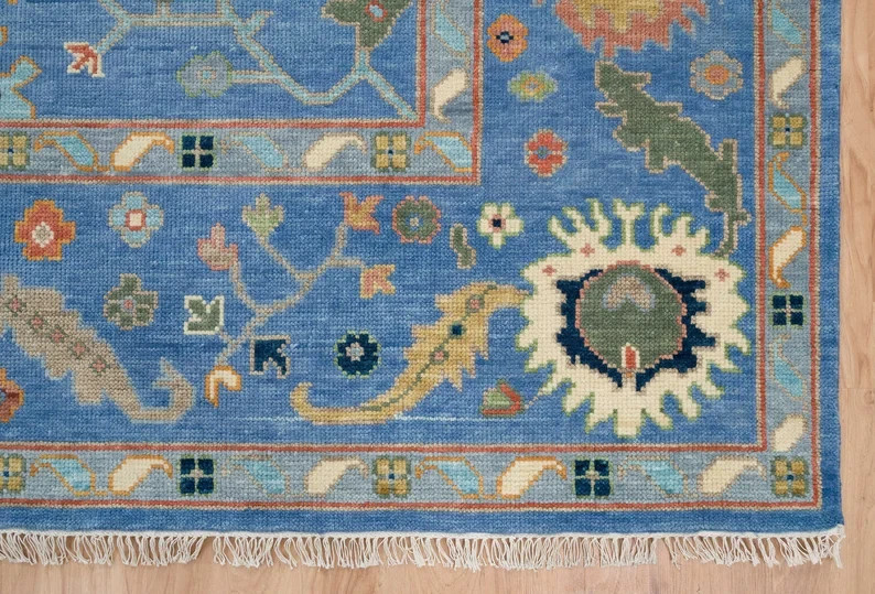 Blue Wool Oushak Rug, Handwoven Floral Turkish Rug