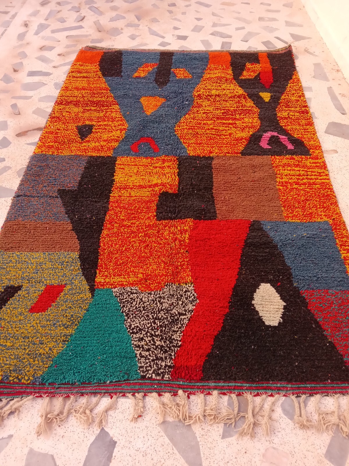 Moroccan Rug Boujaad Handmade Berber 6’4×9’7 Traditional Orange Black Wool Rug
