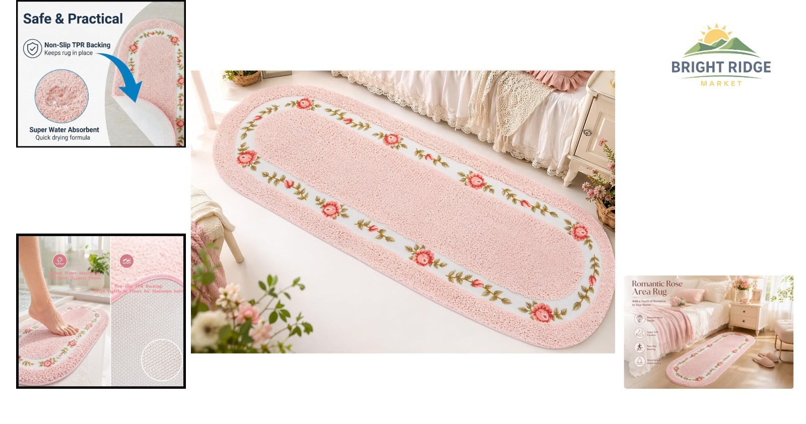 Durable Floral Rug with Non-Slip Backing for Bathroom, Kitchen, and Dining Room