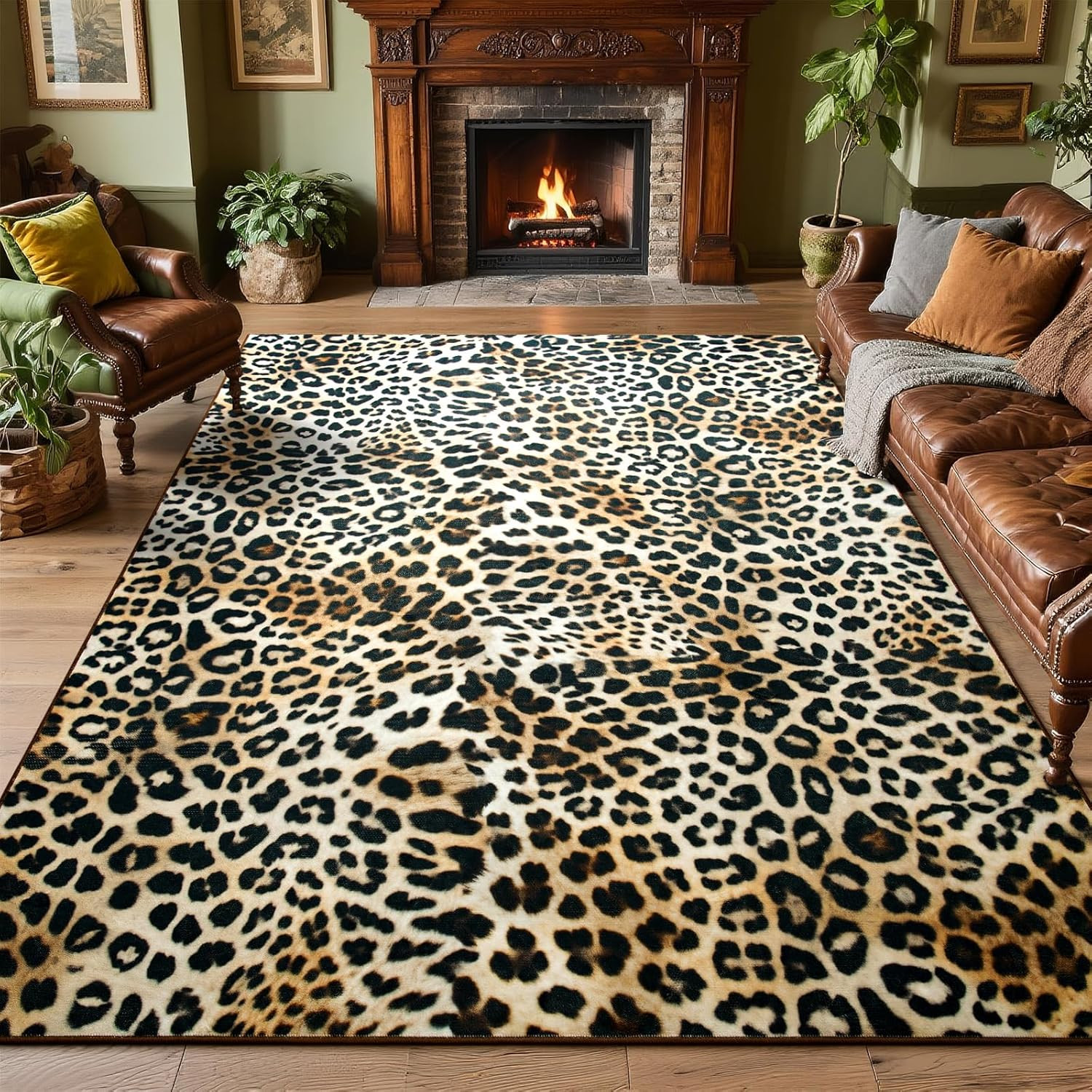 Leopard Print Rug for Living Room, Machine Washable 5X7 Cheetah Area Rugs for Be