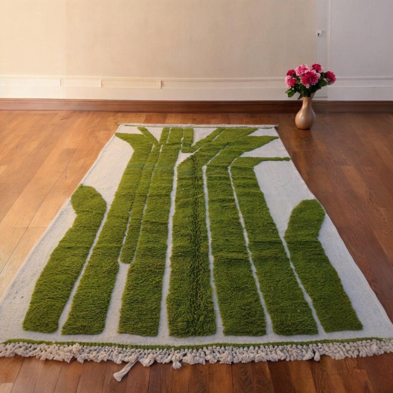 Hand Knotted Moroccan Berber Wool Rug Color Green Handmade Design Carpet Rug
