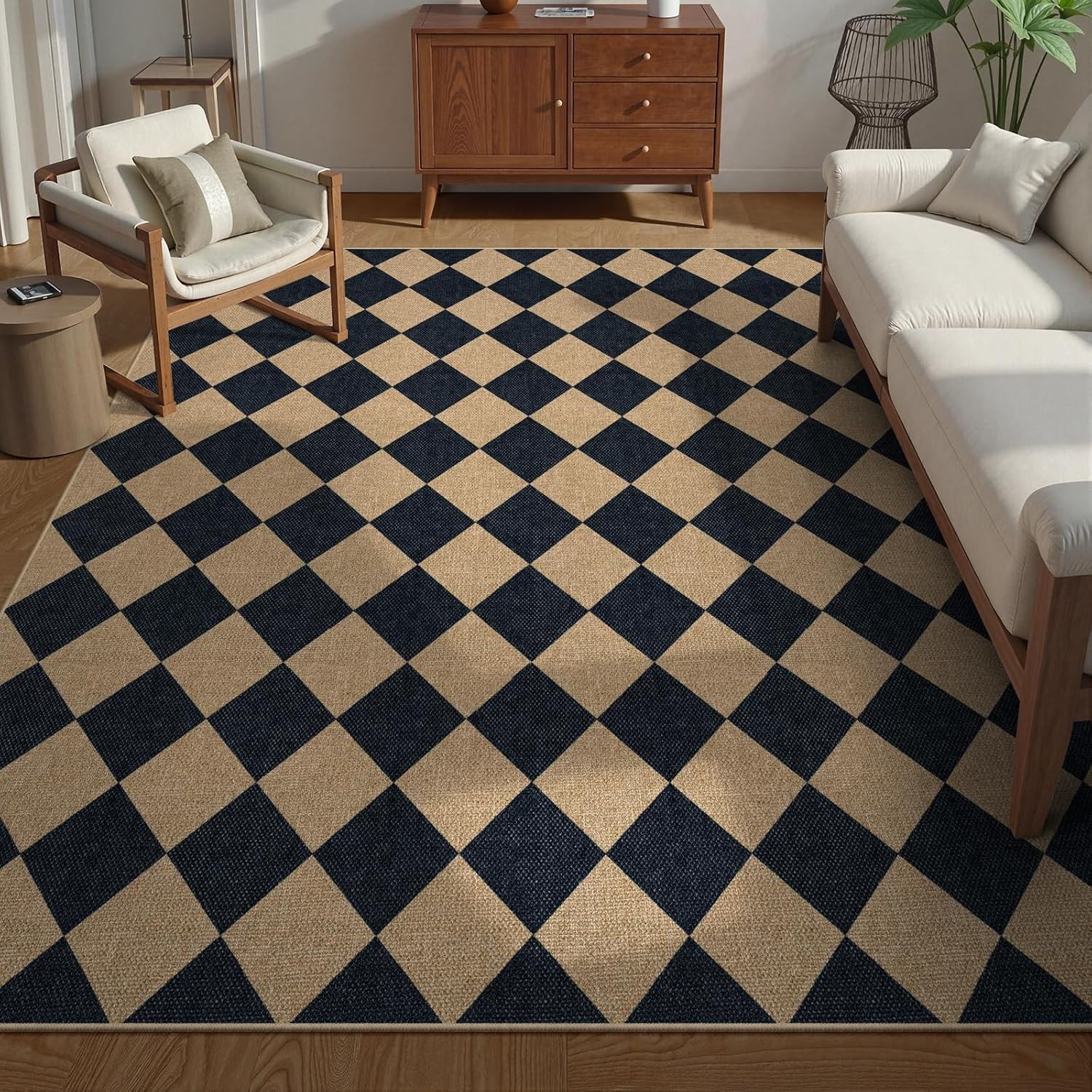 Black Checkered Jute Washable Rug 8×10 – Non-Slip Indoor/Outdoor Carpet