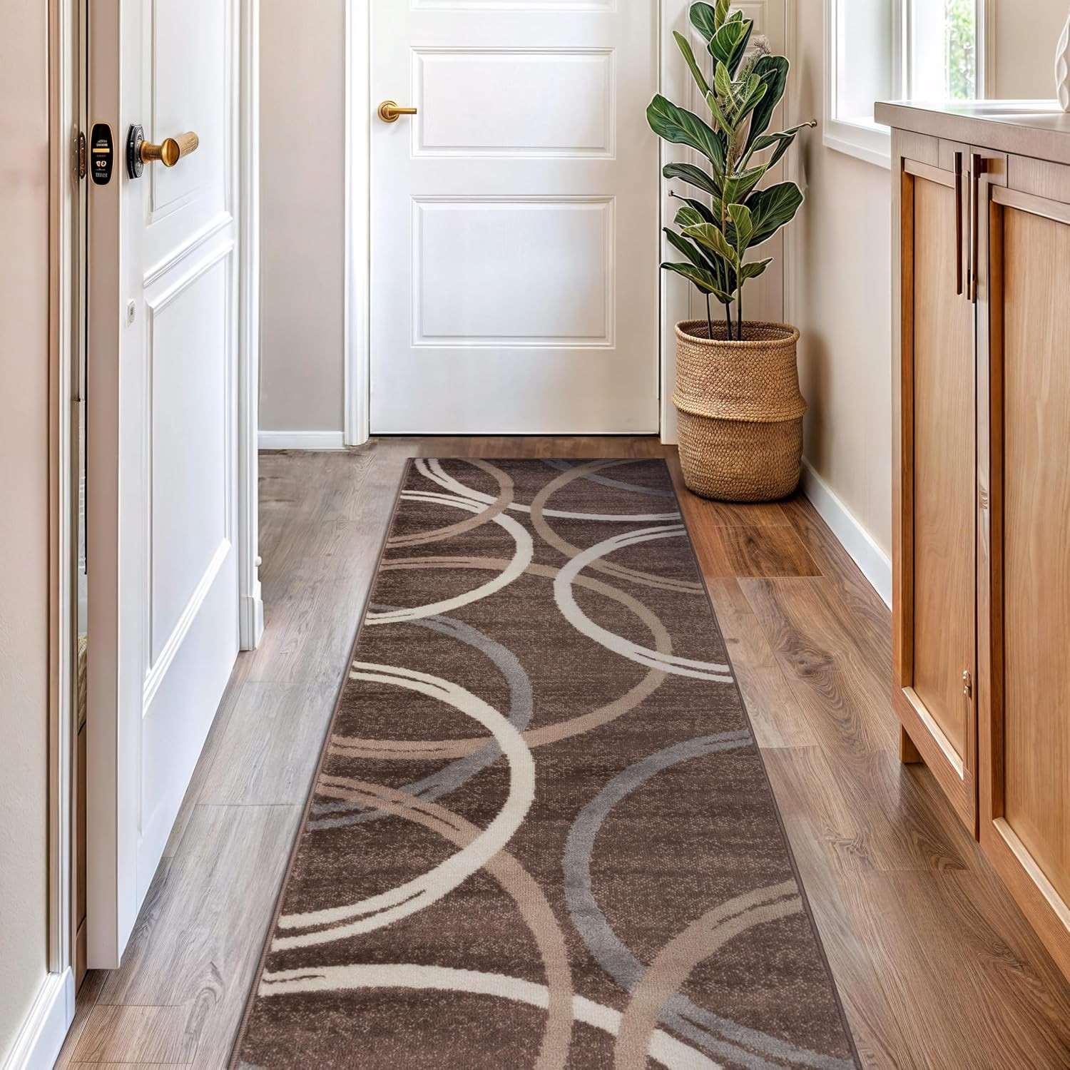 Modern Wavy Circles Runner Rug with Jute Backing for Hallway or Kitchen 2’7″ x 8