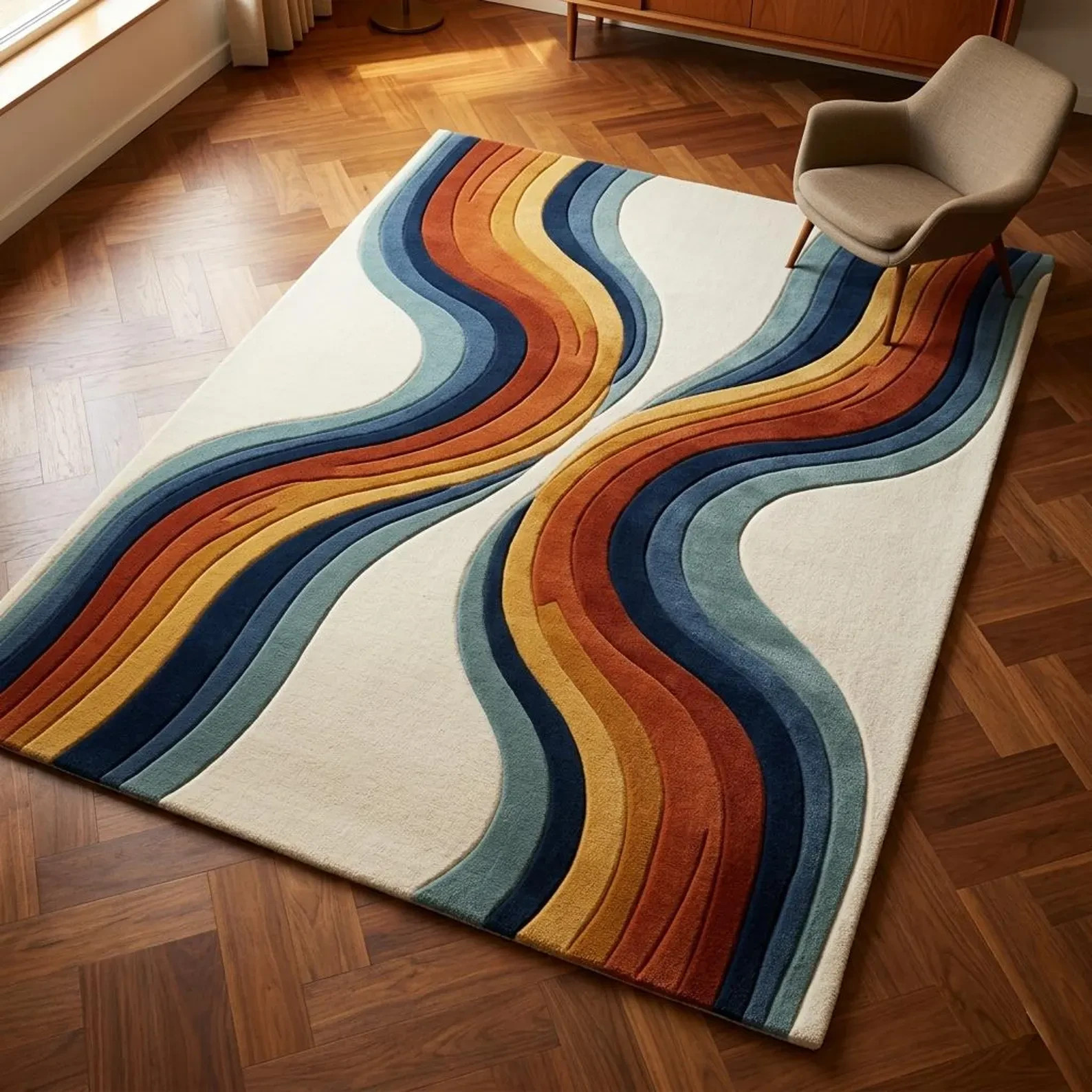 Retro Wave Tufted Wool Rug, multi Abstract Area Rug,Mid Century Modern carpet