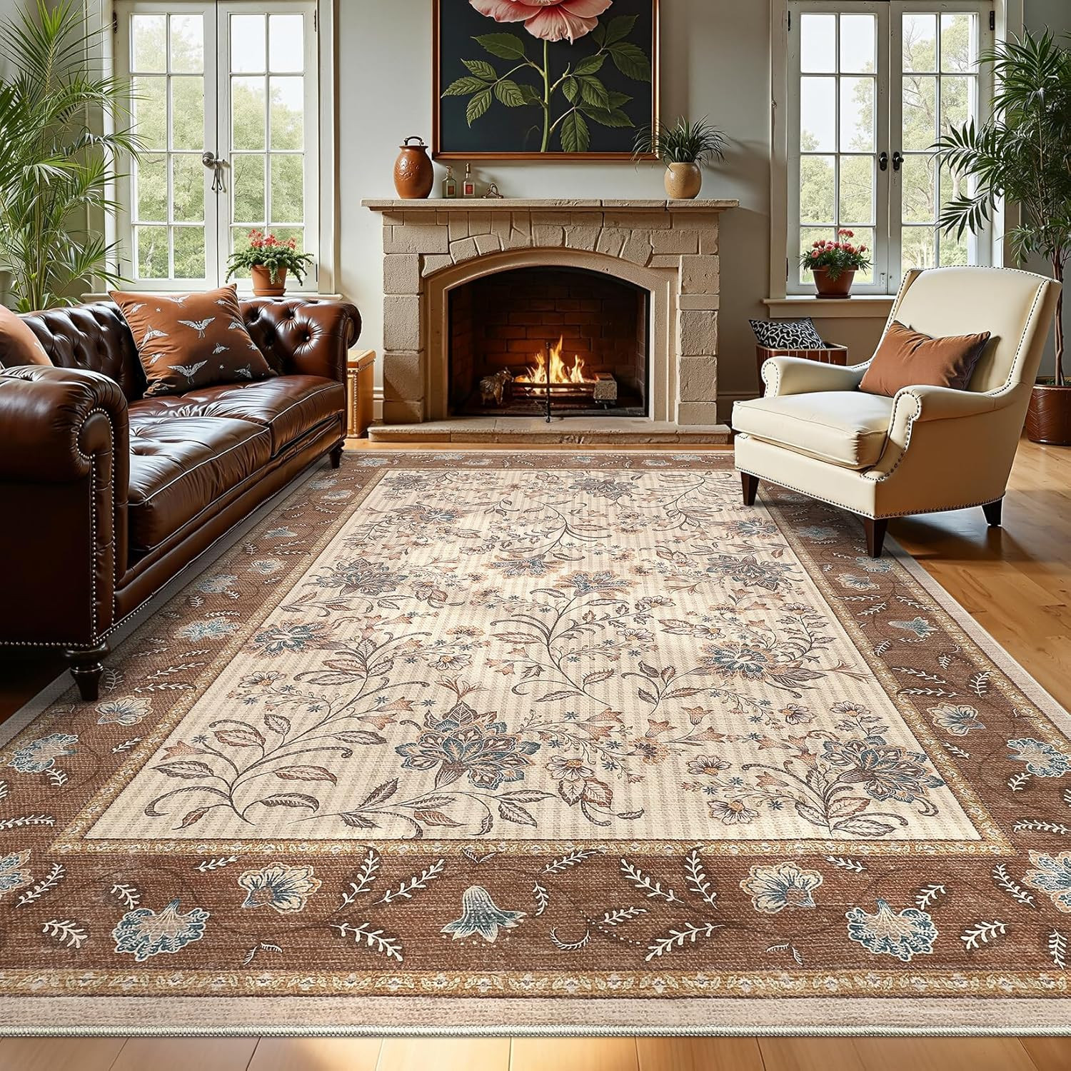 Large 8×10 Brown Washable Area Rug for Living Room & Bedroom Decor