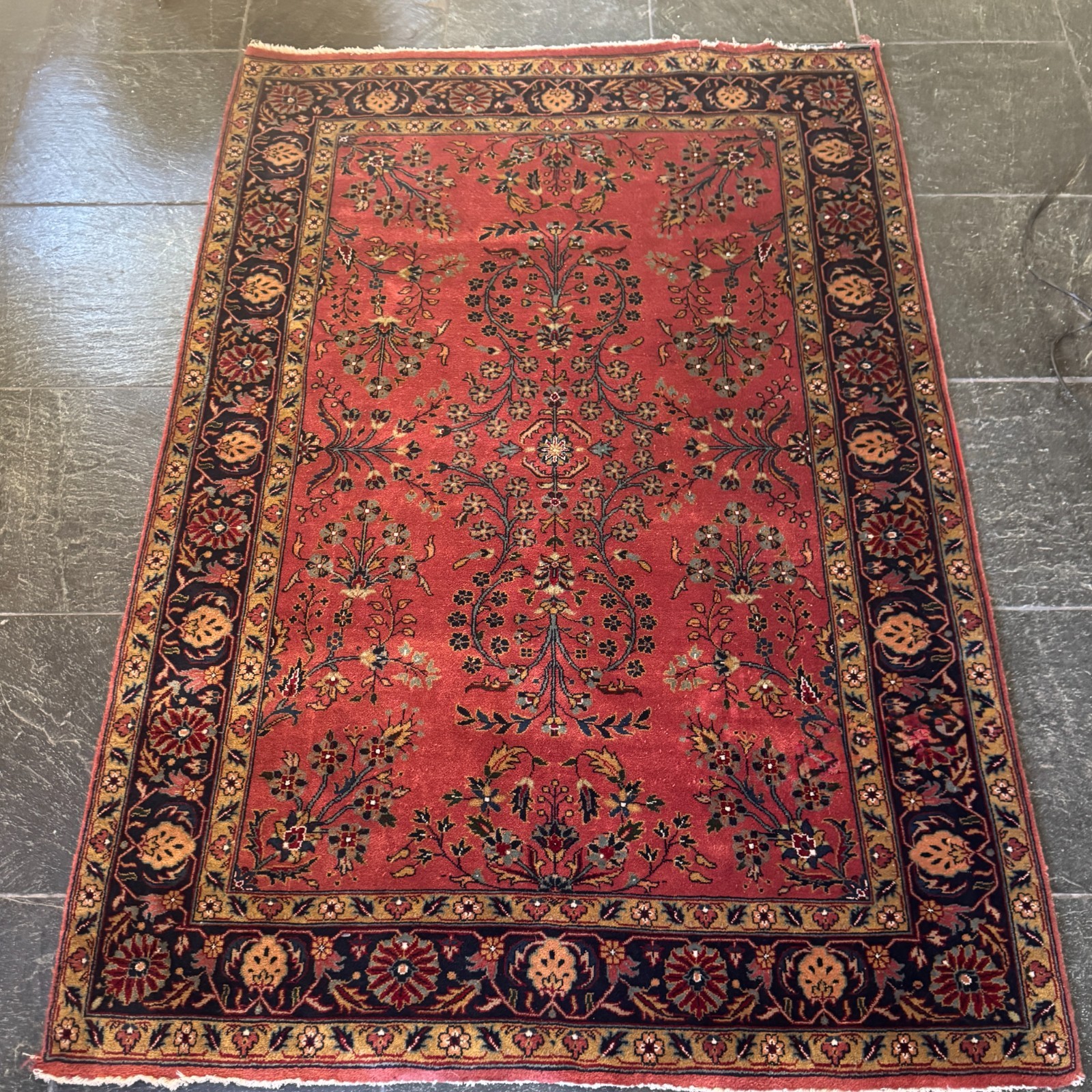 Fine Sarouk Rug 4’1” x 6′ Pink Wool Traditional Hand-Knotted Oriental Carpet