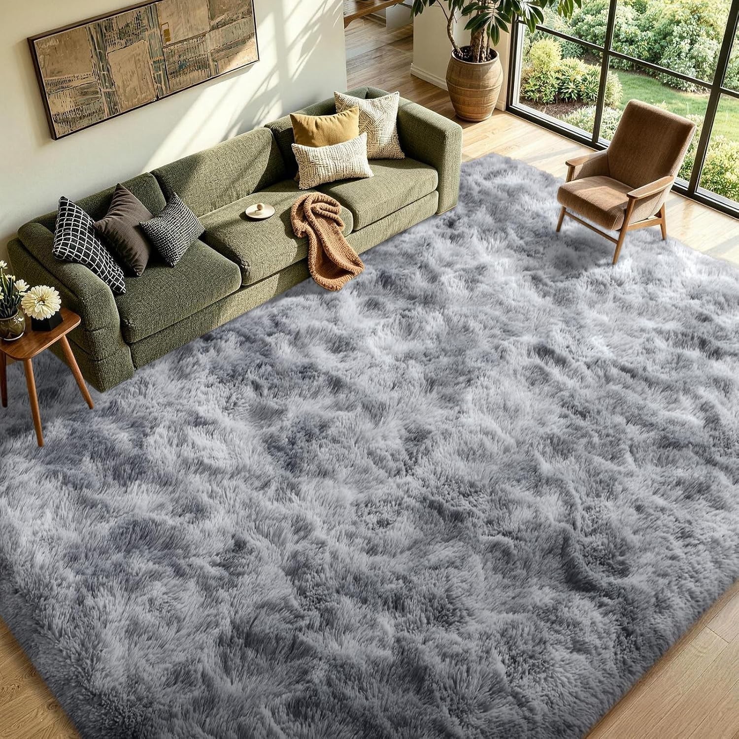 Soft Grey Area Rug 9×12 Feet Shag Non-slip Fluffy Carpet for Living Room