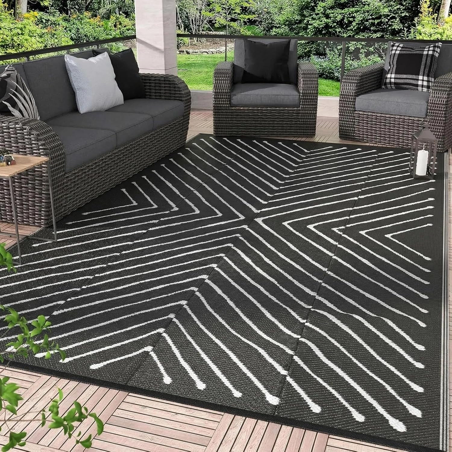 8X10 Large Outdoor Rug Waterproof Reversible, Modern Striped Patio Carpet for RV