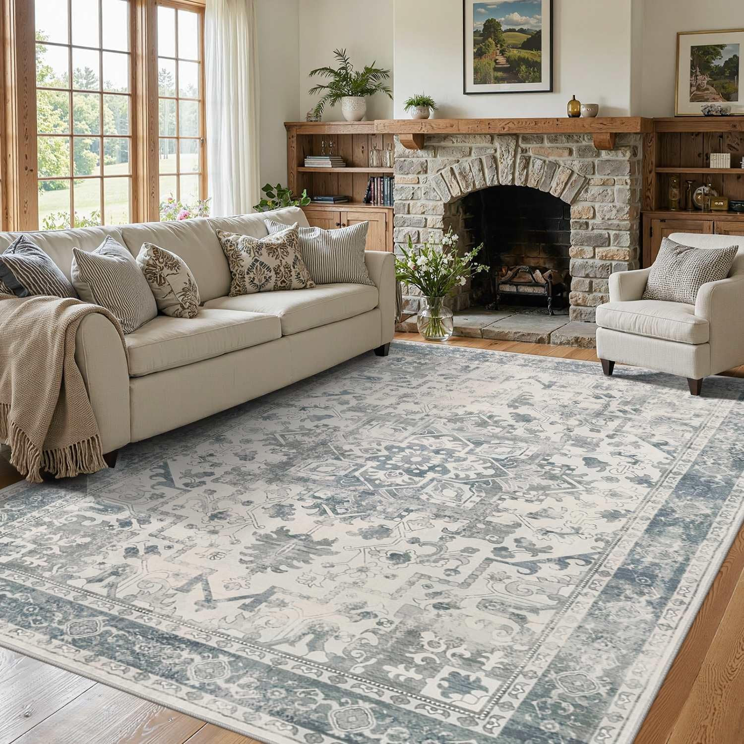 Area Rugs 5X7, Washable Rugs for Living Room, Vintage Boho Light Blue Rug for Of