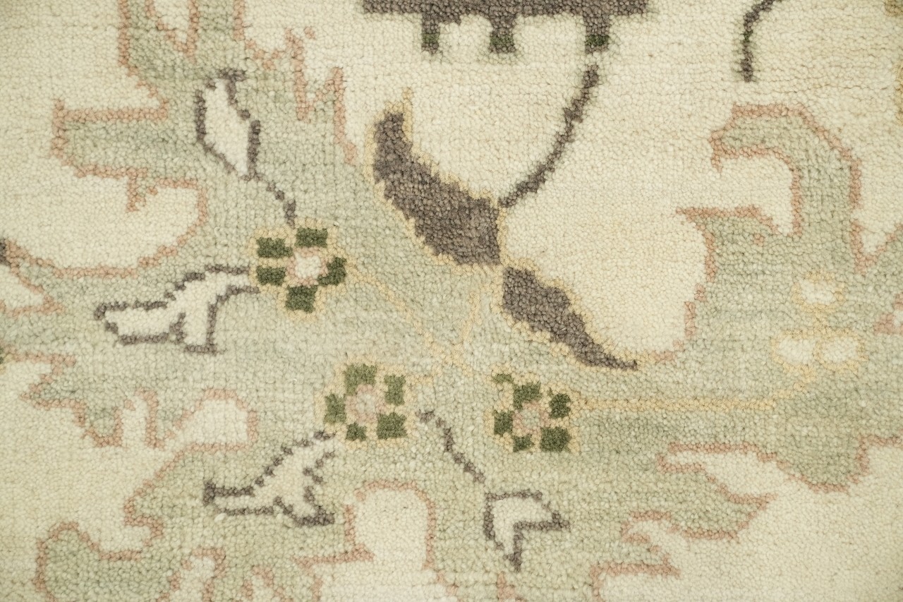 Beige and Olive Oushak 12×15 Floral Patterned Wool Rug in Sage Green & Ivory