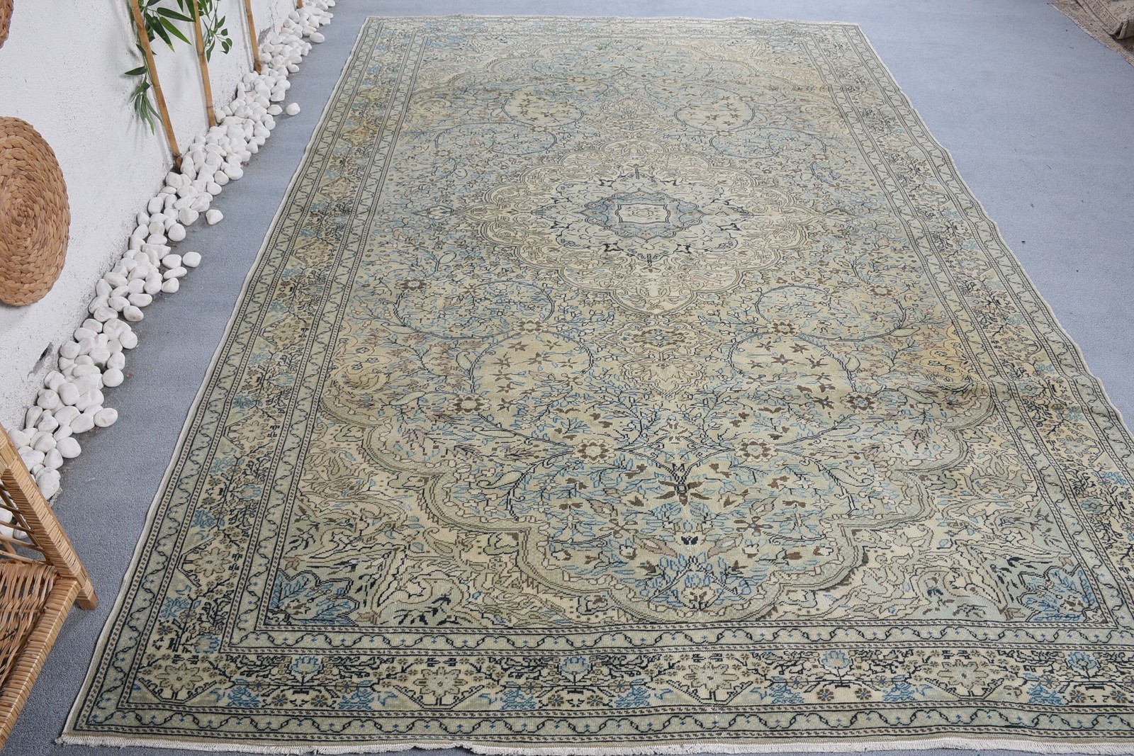 6,41×9,7 ft Rug, Vintage Turkish Rug, Blue Floral Wool Rug