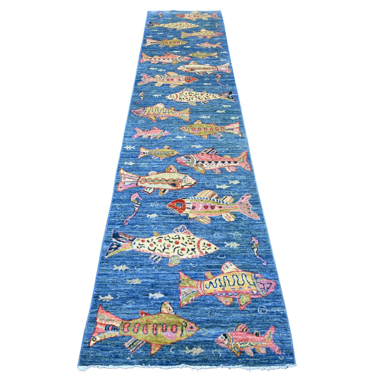 2’6″x11’7″ Blue Afghan Peshawar Fish Design Wool Hand Knotted Runner Rug 21712