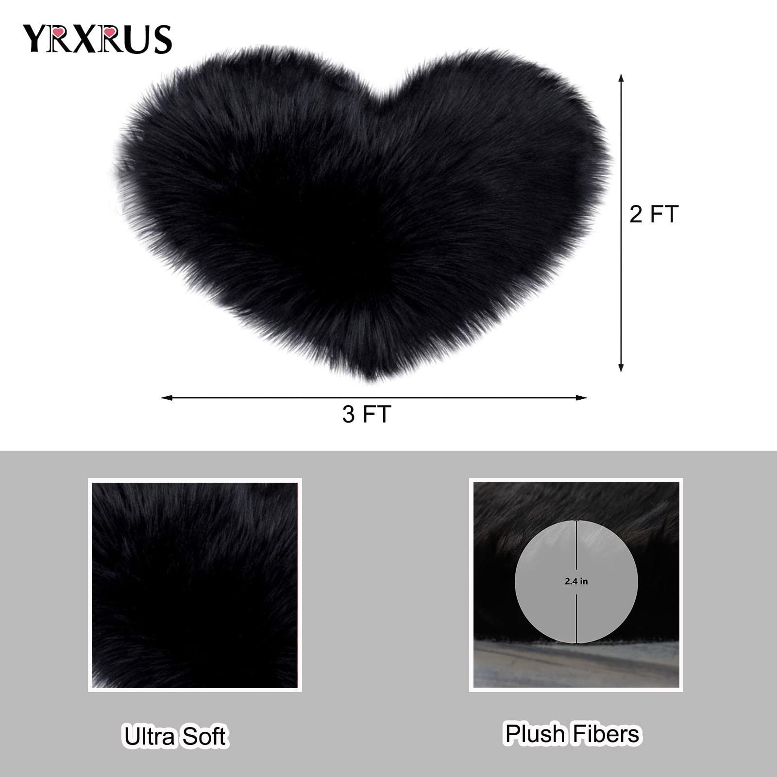 Fluffy Black Heart Shaped Rug, Soft Faux Fur Shag Mat for Bedroom & Living Room