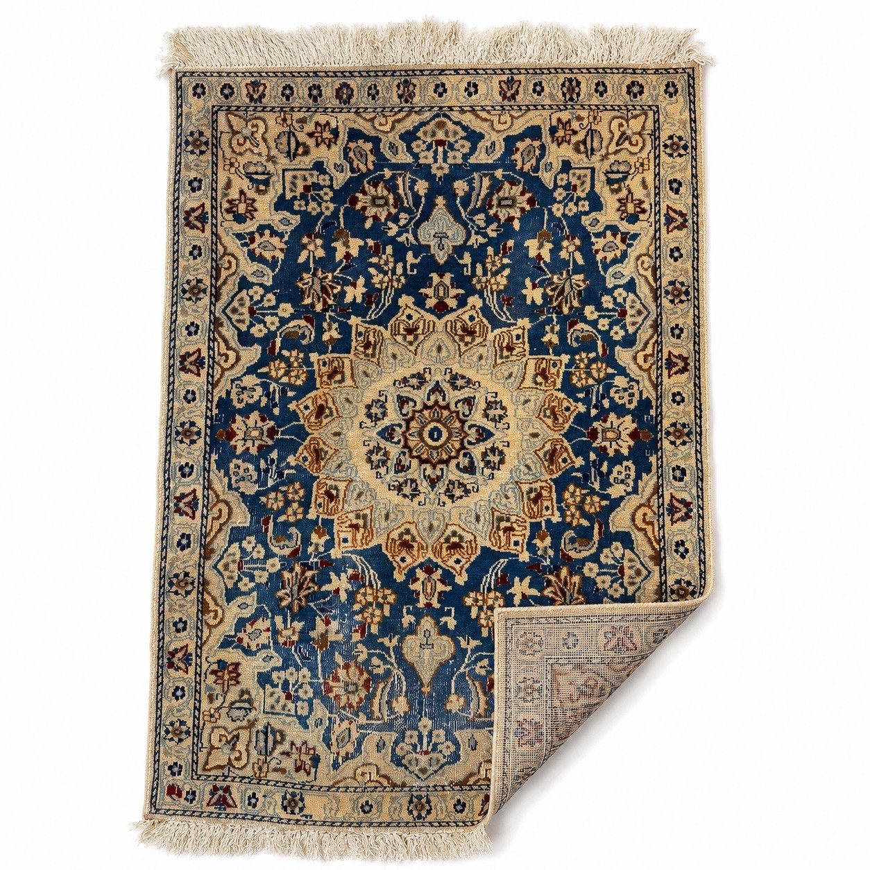 Vintage Blue Ivory Wool Nain Area Rug 3×4 Traditional Medallion Hand Knotted
