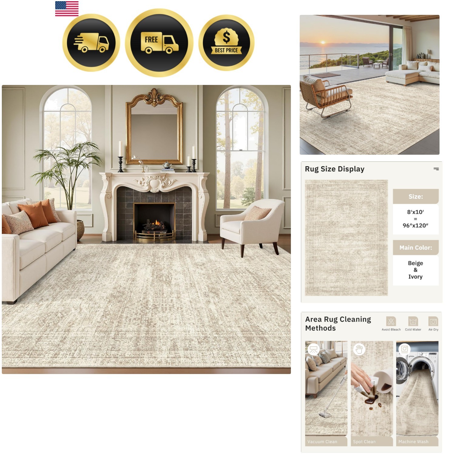 Washable Area Rug 8×10, Large Soft Rugs for Living Room Vintage Beige Carpet …