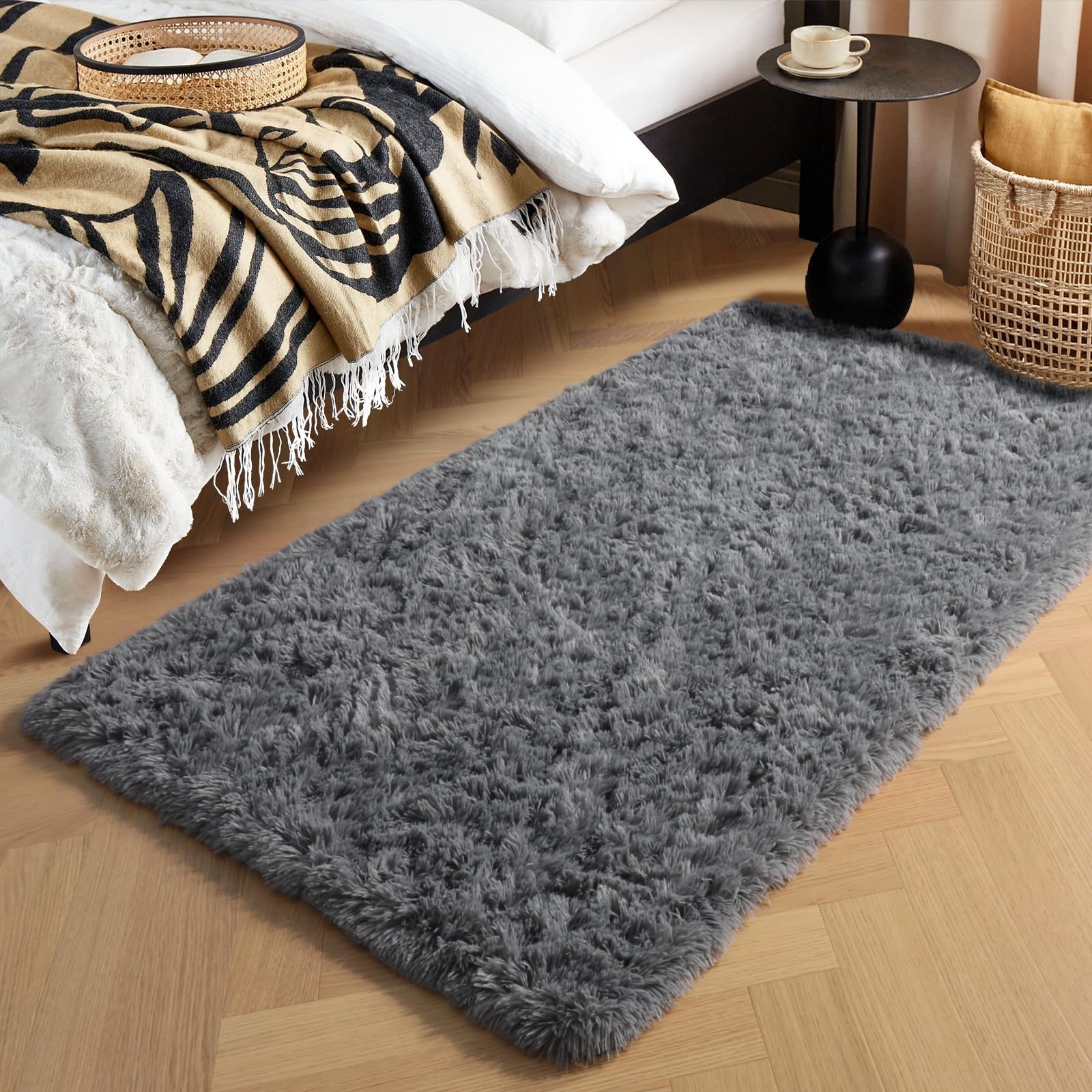 Rug 2×4 Machine Washable Soft Plush Fuzzy Faux Furry Grey Area Runner