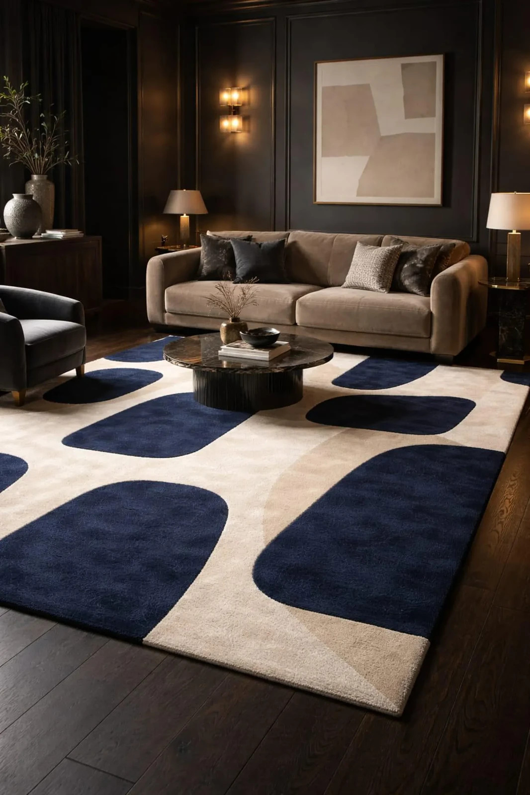 Hand-Tufted Modern Abstract Wool Area Rug – Navy, Beige & Ivory Cotton & wool