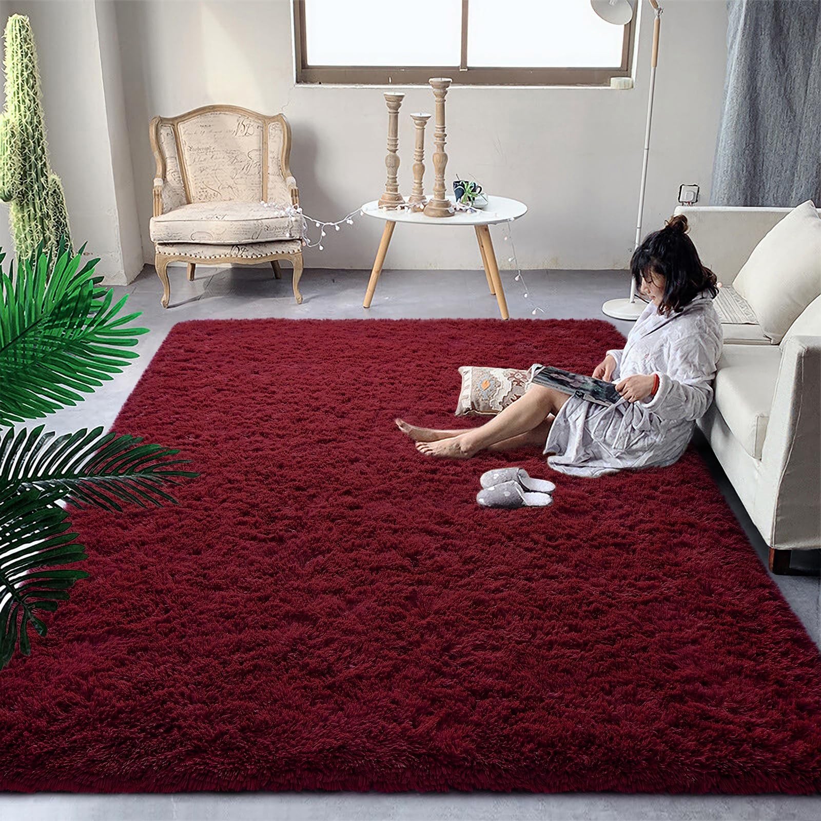 Fluffy Burgundy Red Rugs for Bedroom Living Room, 4×6 Feet Soft Plush Shaggy …