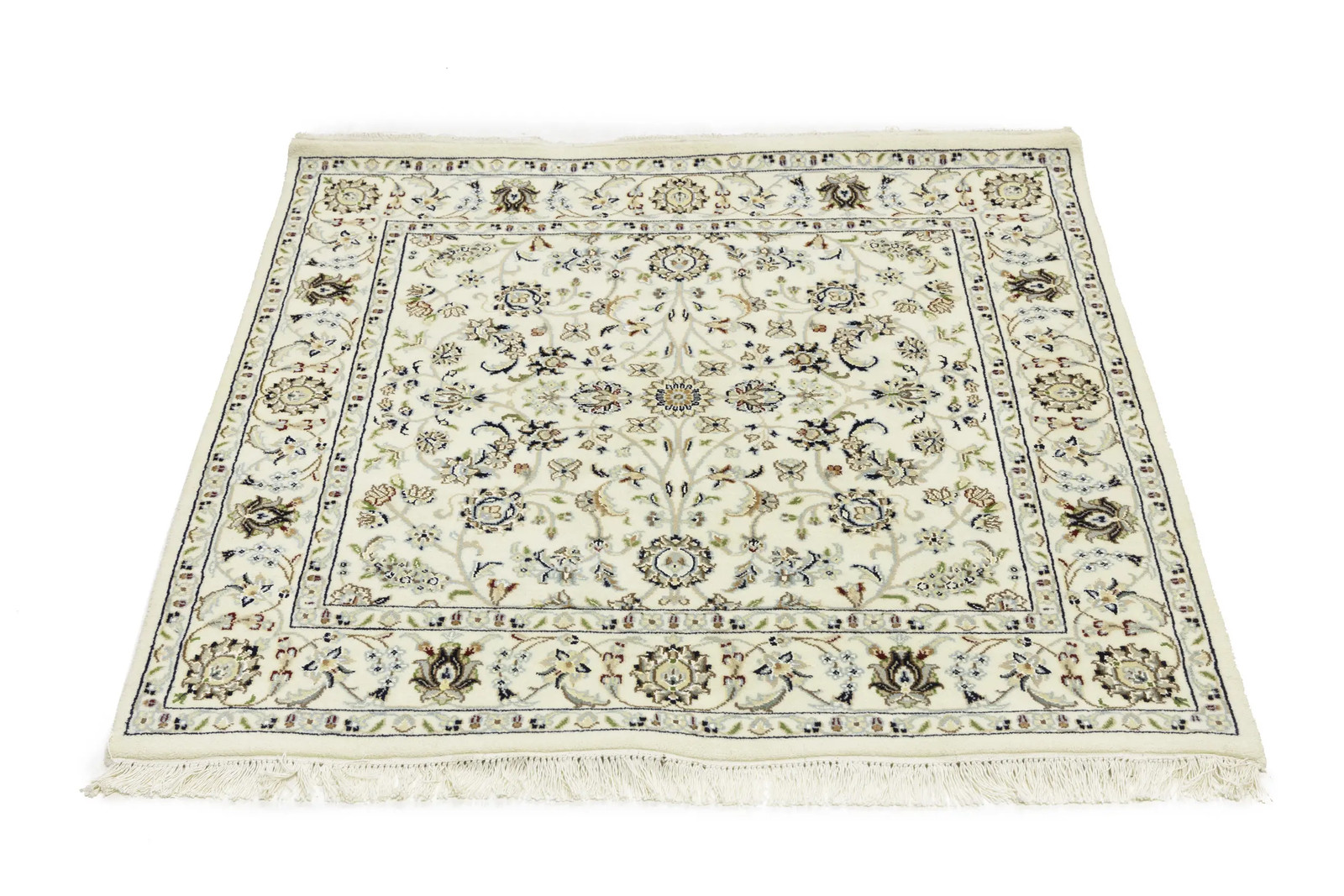 Hand-Knotted Cream Floral Classic Indo-Nain Square Rug Oriental Carpet 4X4 ft