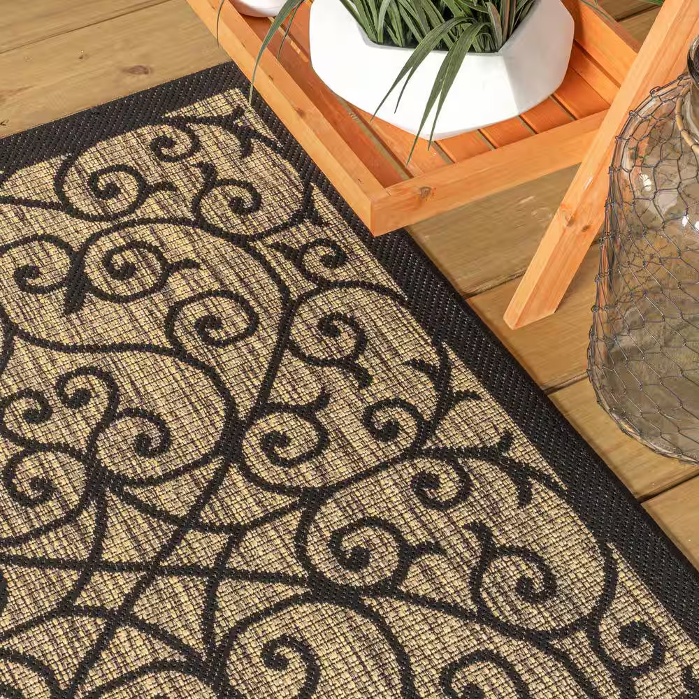 Madrid Vintage Filigree Black/Khaki 7 Ft. 9 In. X 10 Ft. Textured Weave Indoor/O