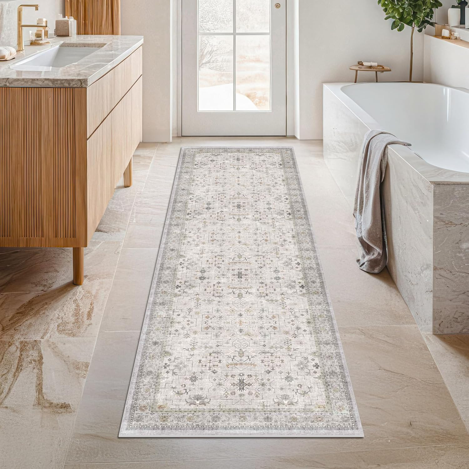 Light Grey 2X6 Boho Bathroom Runner Rug – Modern Vintage Eclectic Floral Pastel