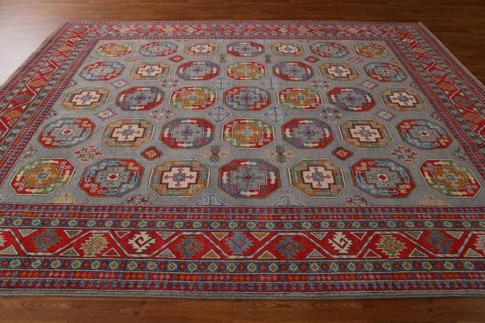 Light Blue Octagon Design Super Kazak Area Rug 8’x10′ For Dining Room Handmade