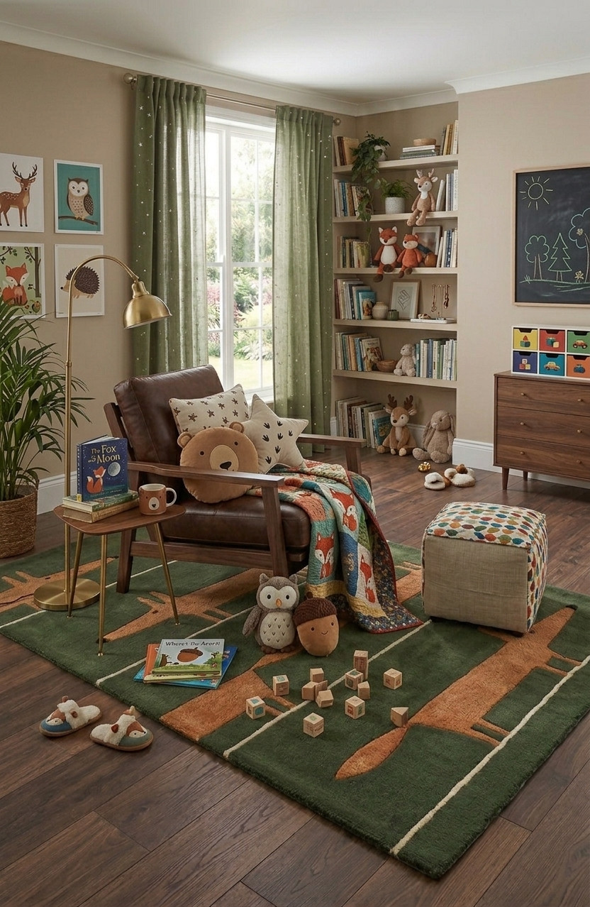 Hand Tufted Fox Area Rug – Green Rust Scandinavian Animal Carpet