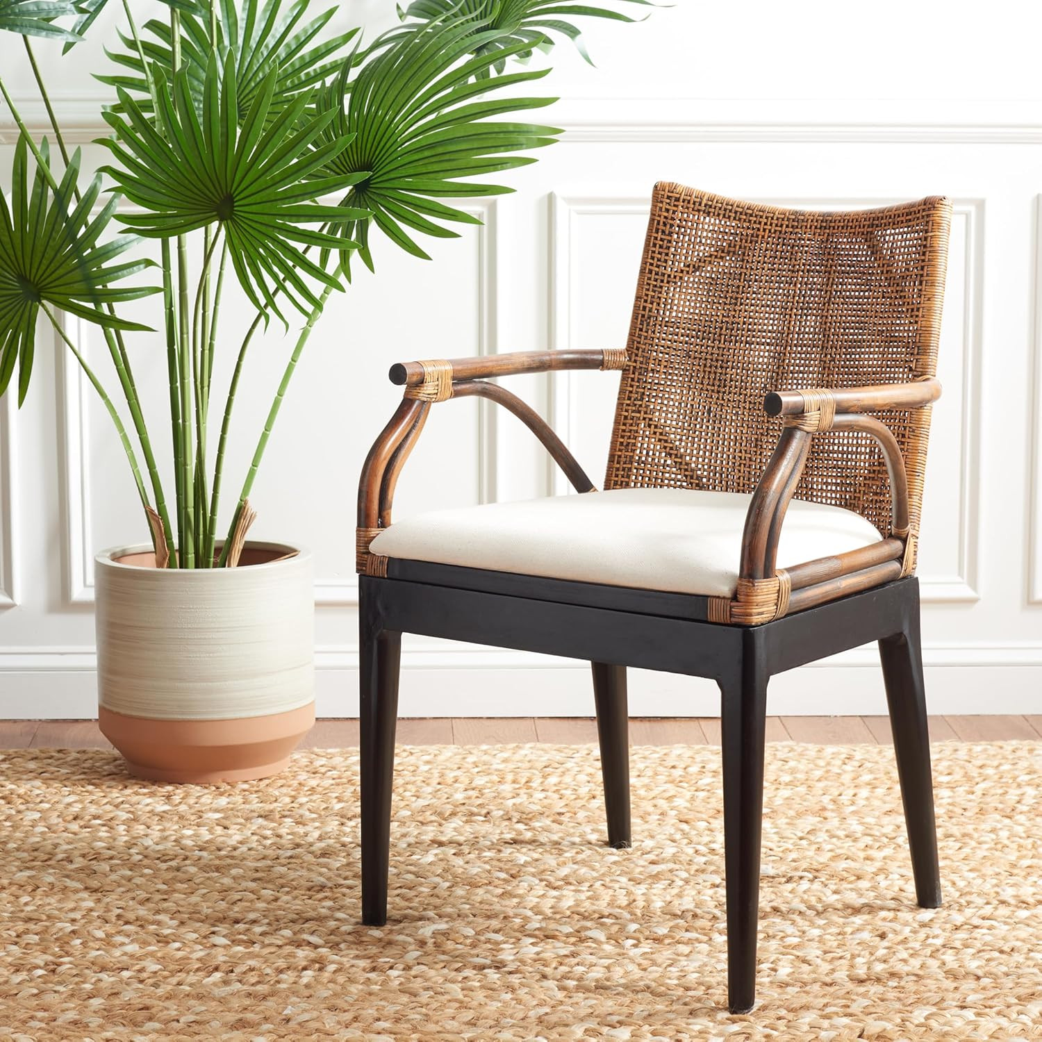 Home Collection – Gianni Brown & Black Solid Wood Rattan Arm Chair, Tropical Coa