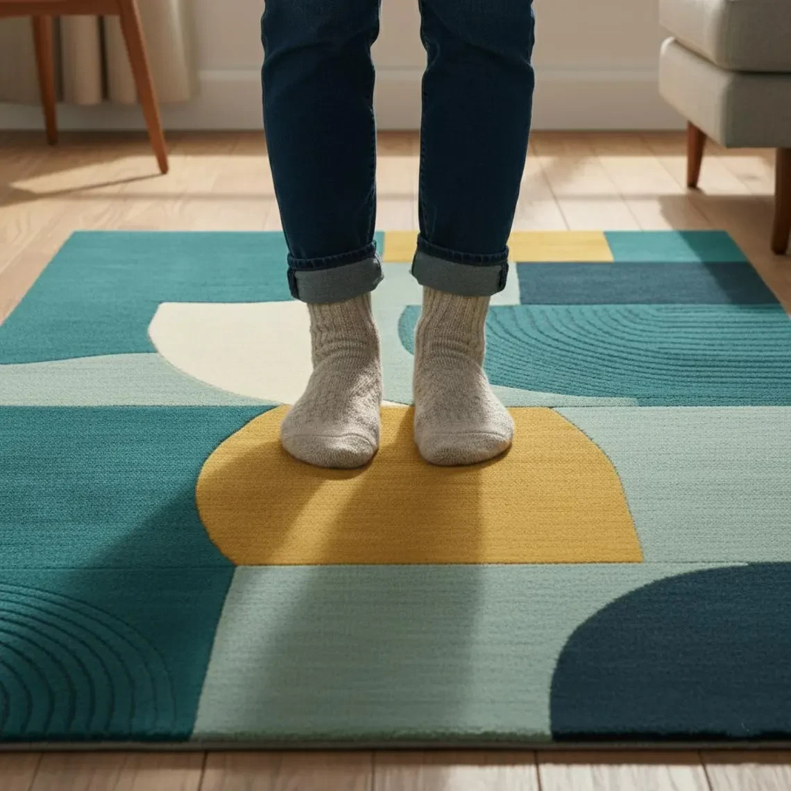 Mid Century Modern Hand Tufted Rug Teal Mustard Yellow Geometric 3D Area Carpet