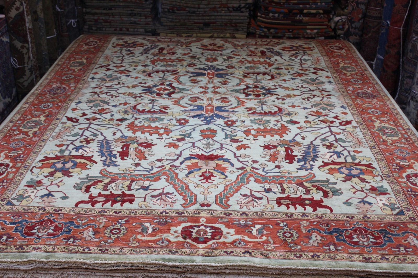 Top Quality 9’x12 Handmade Oriental rug, Celadon green, blue green background