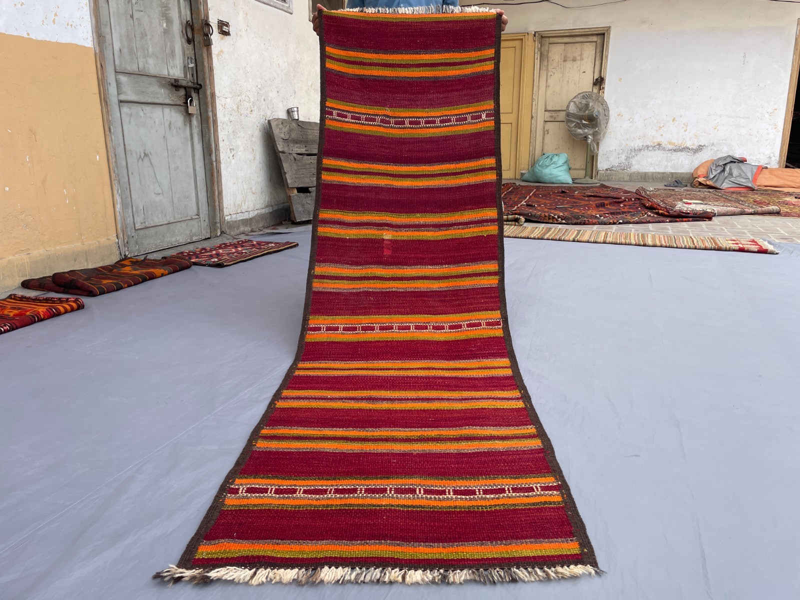 2’4 x 7’10 Ft Rich Red Afghan Kilim Runner Handmade Flatweave Striped Rug Bold