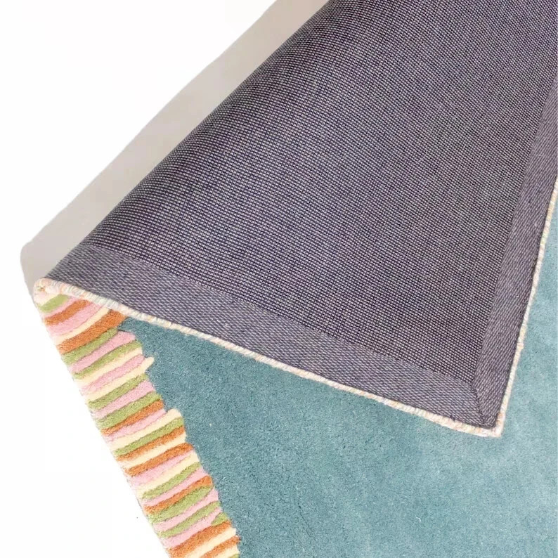 Stitched and Striped Hand Tufted Wool Rug, Colorful Blue Peach Green Orange Mode