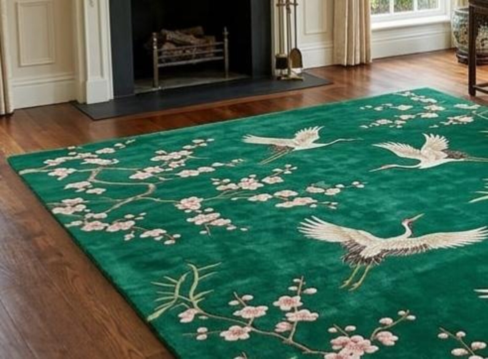 Emerald Green Crane Rug Chinoiserie Japanese Cherry Blossom Oriental Area Carpet