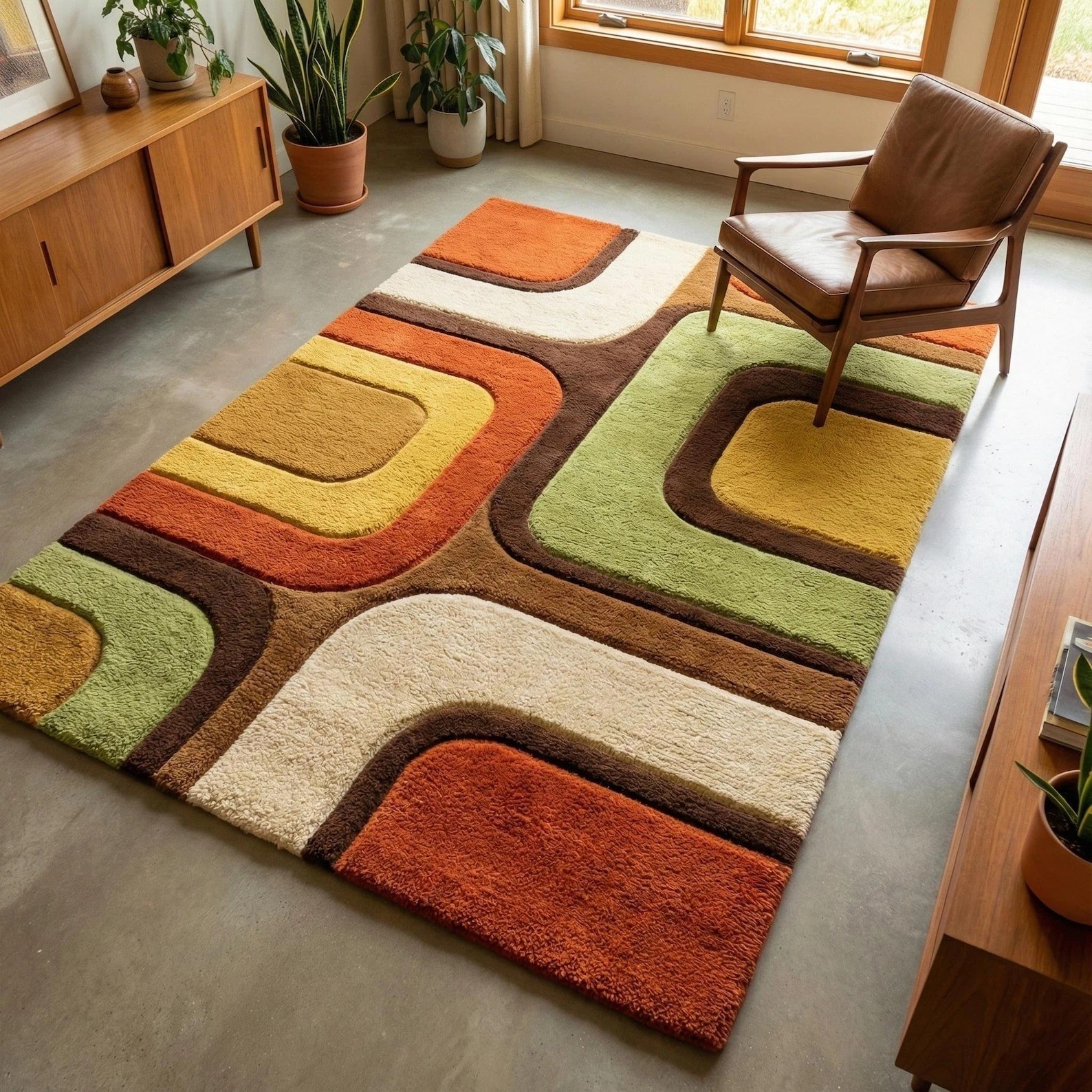 Retro Hand Tufted Wool Area Rug Mid Century Modern Geometric Handmade 8×10 Rug