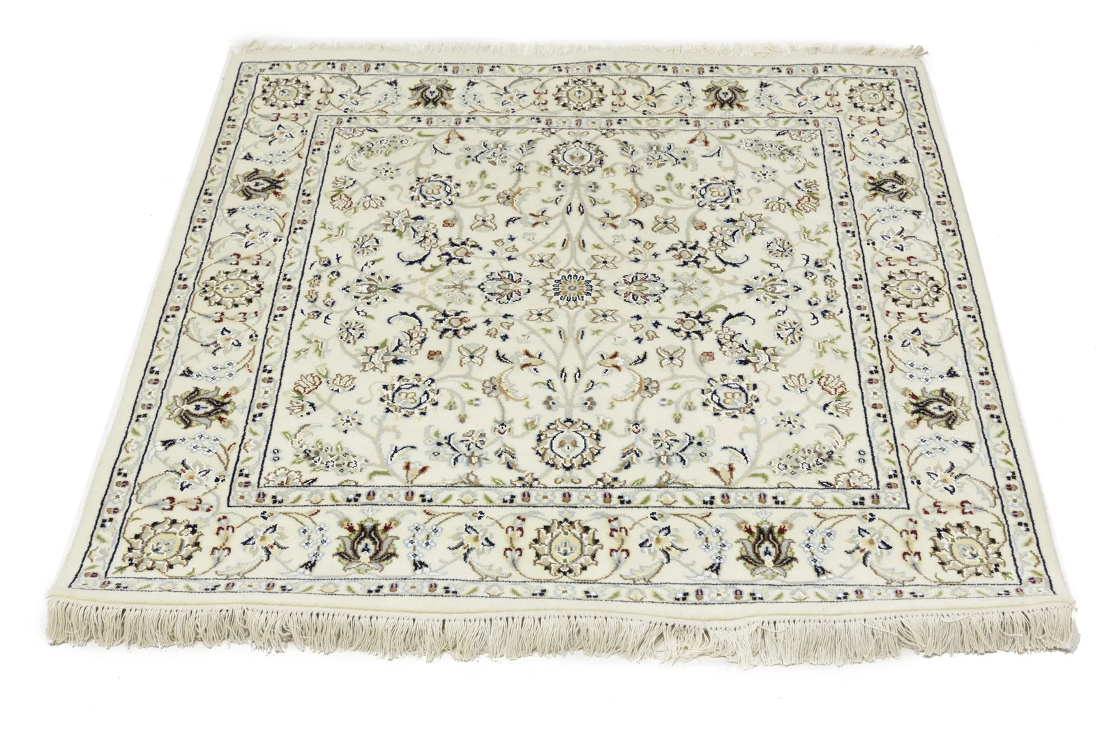 Hand-Knotted Cream Floral Classic Indo-Nain Square Rug Oriental Carpet 4X4 ft