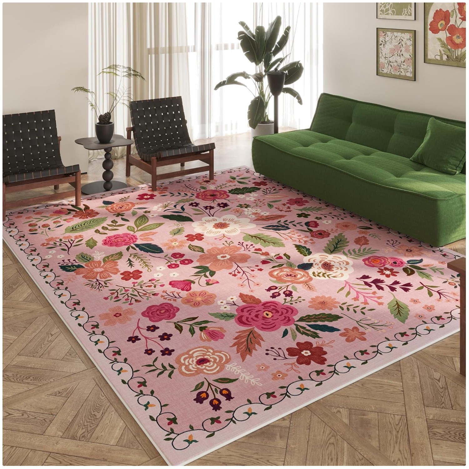 Washable Boho Floral Area Rug 8×10 – Non Slip, Vintage Style for Living Spaces