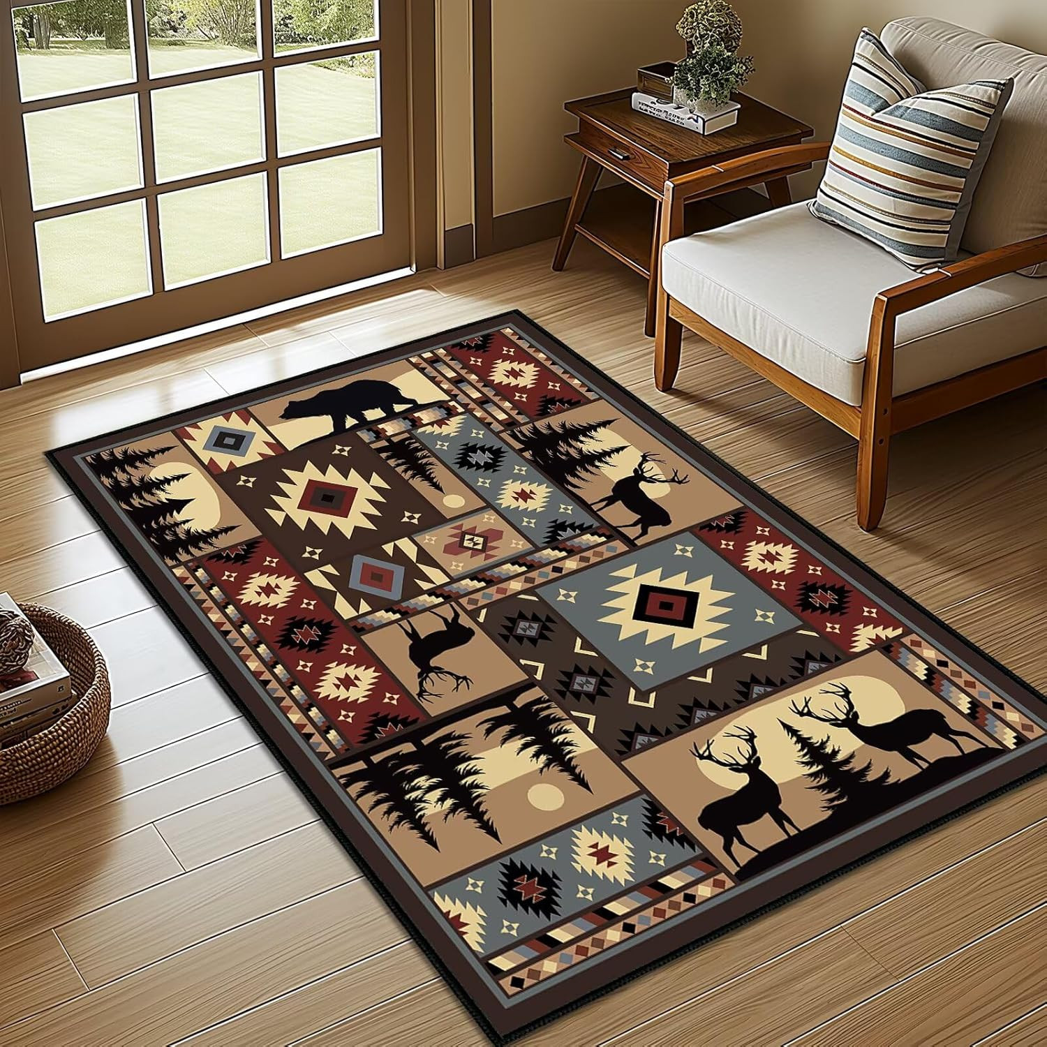 Rustic 3×5 Area Rug – Buffalo Plaid Bear & Moose Design, Non-Slip Washable Carpe