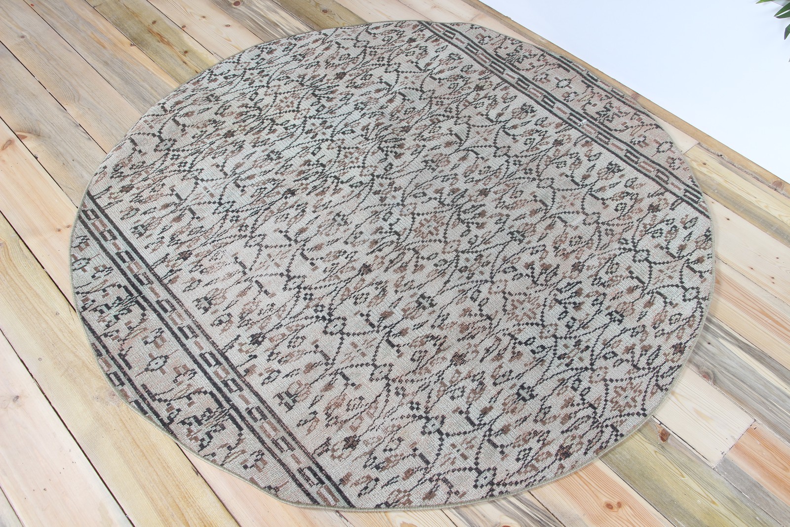 4,9×4,9 ft Turkish Rug, Vintage Round Rug, Green Brown Floral Rug